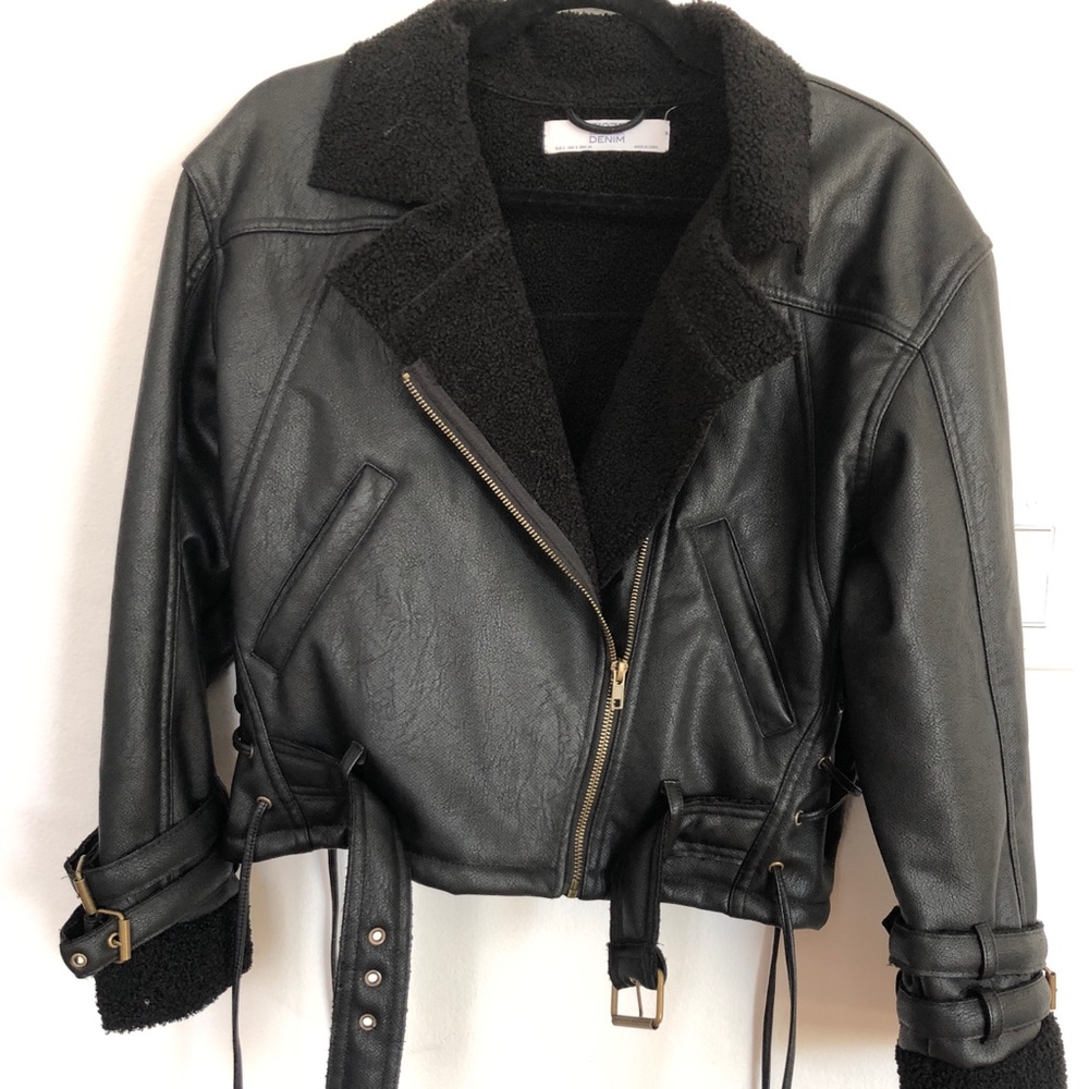 Faux leather moto style jacket with fleece